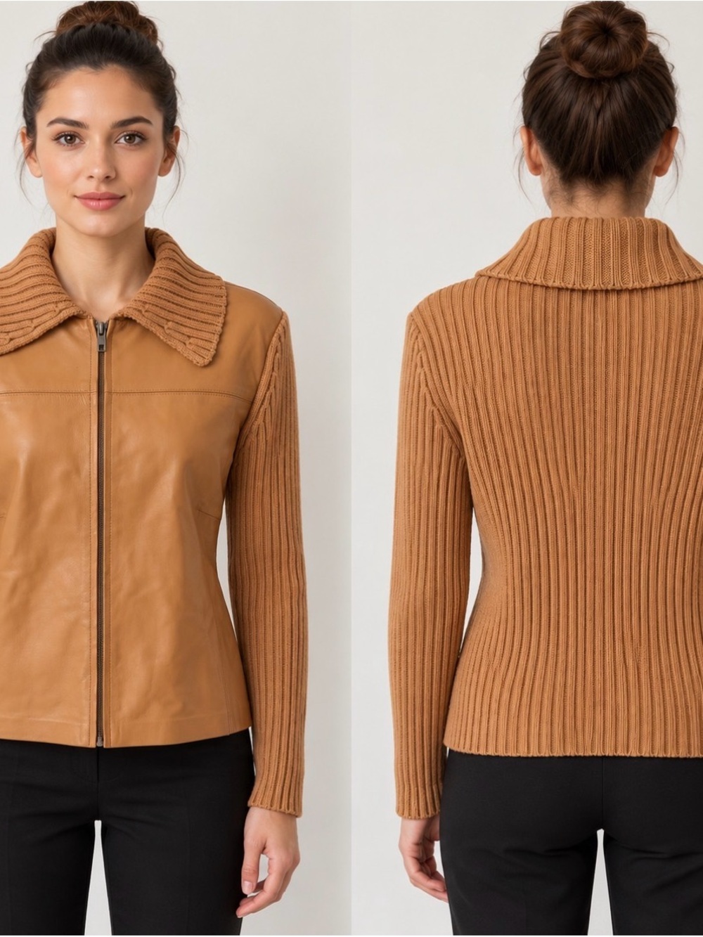Sutton Studio Camel Leather & Knit Zip Front Jacket